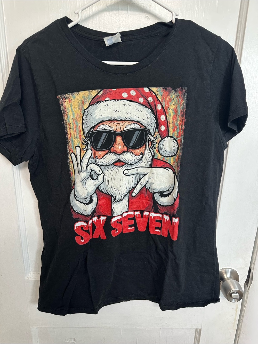 Amazon Black Short Sleeve Tee with Red & White 67 Santa Graphic - Picture 2 of 2